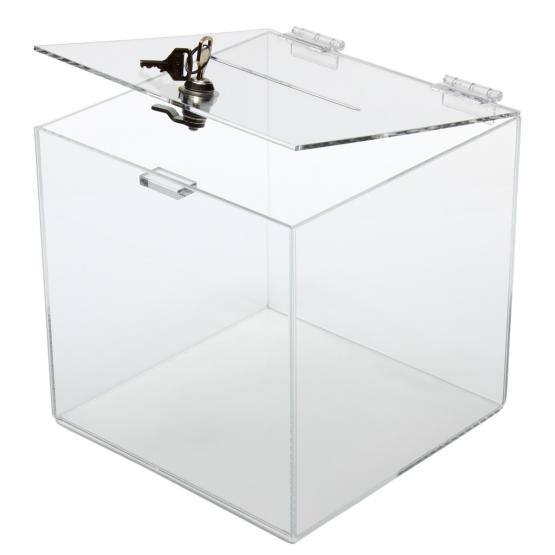 Spendenbox Losbox Sammelbox Eventbox mit Schloss 300x300x300mm aus weißem Acrylglas abschließbar mit 2 Schlüsseln 