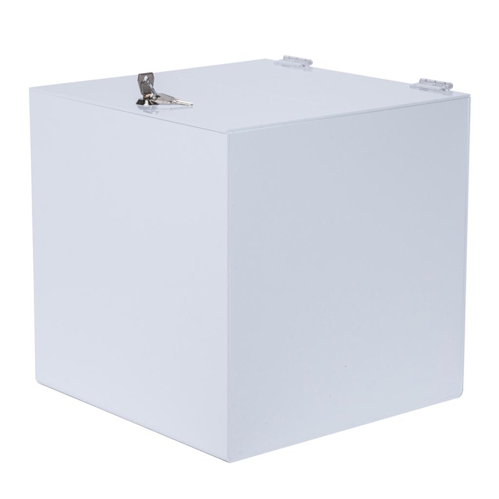 Spendenbox mit Schloss 300x300x300mm aus weißem Acryl